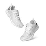 Pair of white speckled running shoes