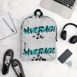White backpack with turquoise "Average" text